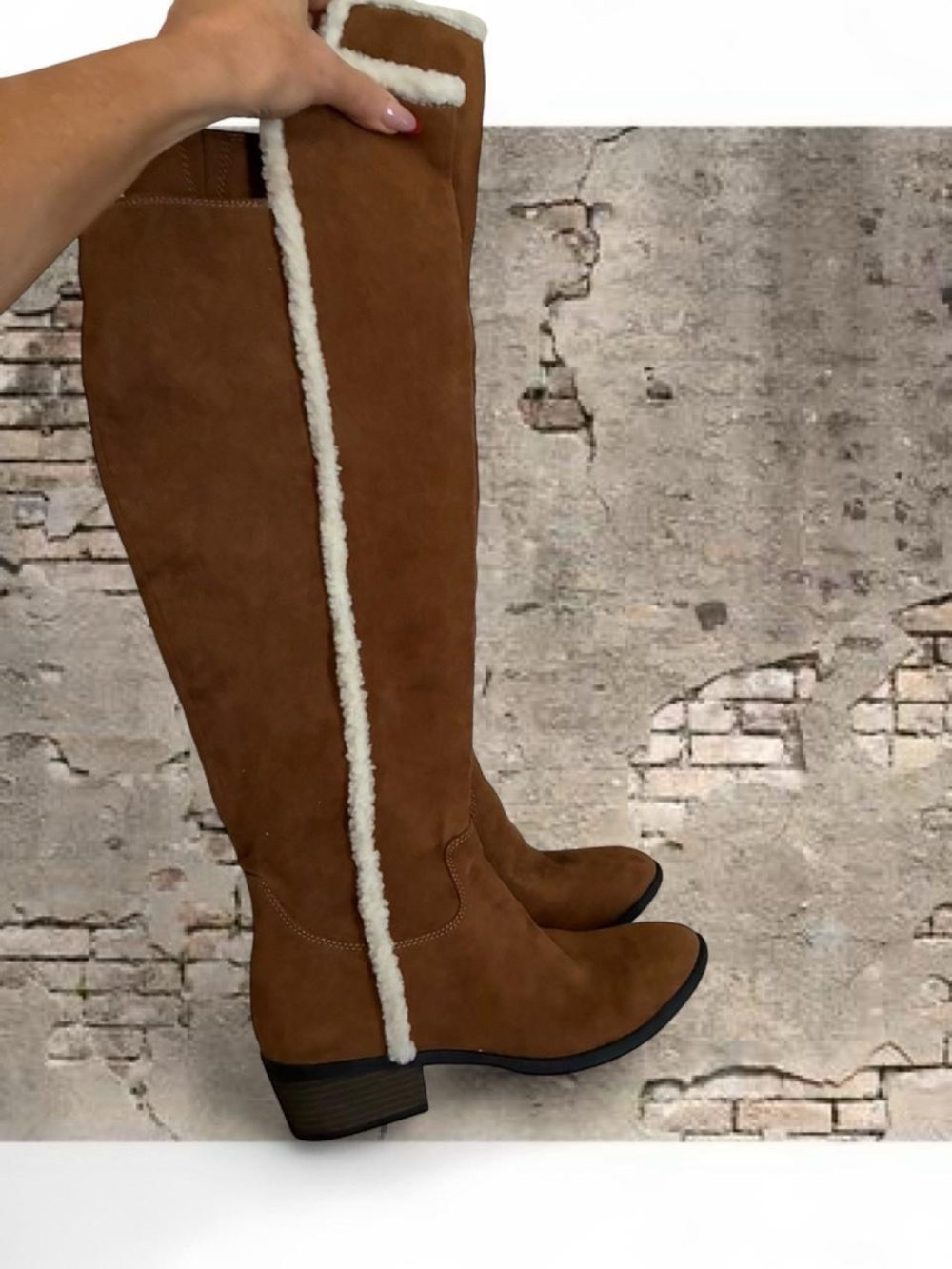 VTG Teddy trim Brown Suede Over-the-Knee Boots with Faux Shearling Trim Y2K